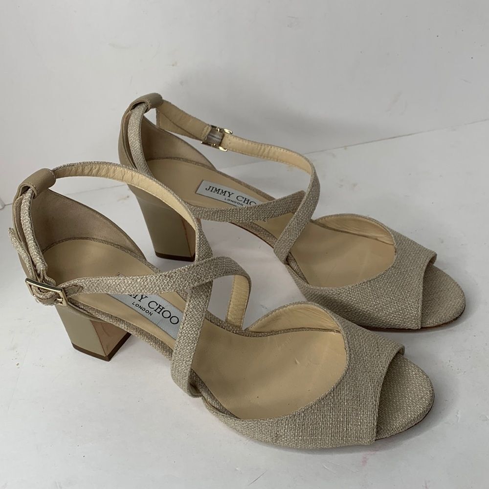 Jimmy Choo London Carrie tweed leather heeled sandals